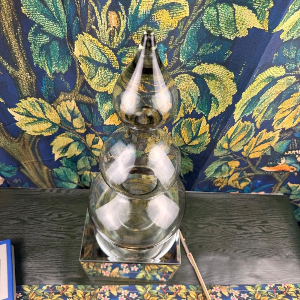 Vintage Smoky Gray Glass Triple Gourd Decanter with Teardrop Stopper‎ 16.5 inch